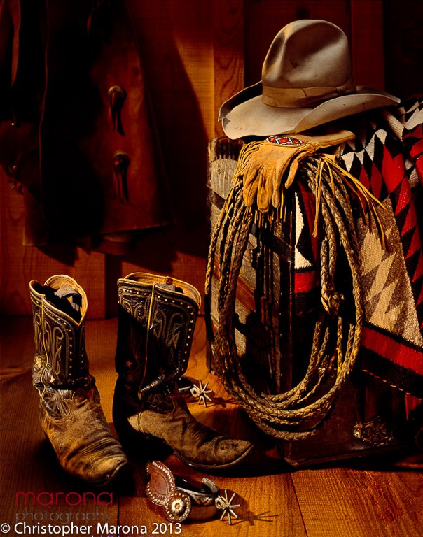 cowboy boots hate chaps rope and blankets sitting inside cabin, cowboy art, cowboys, Christopher marona