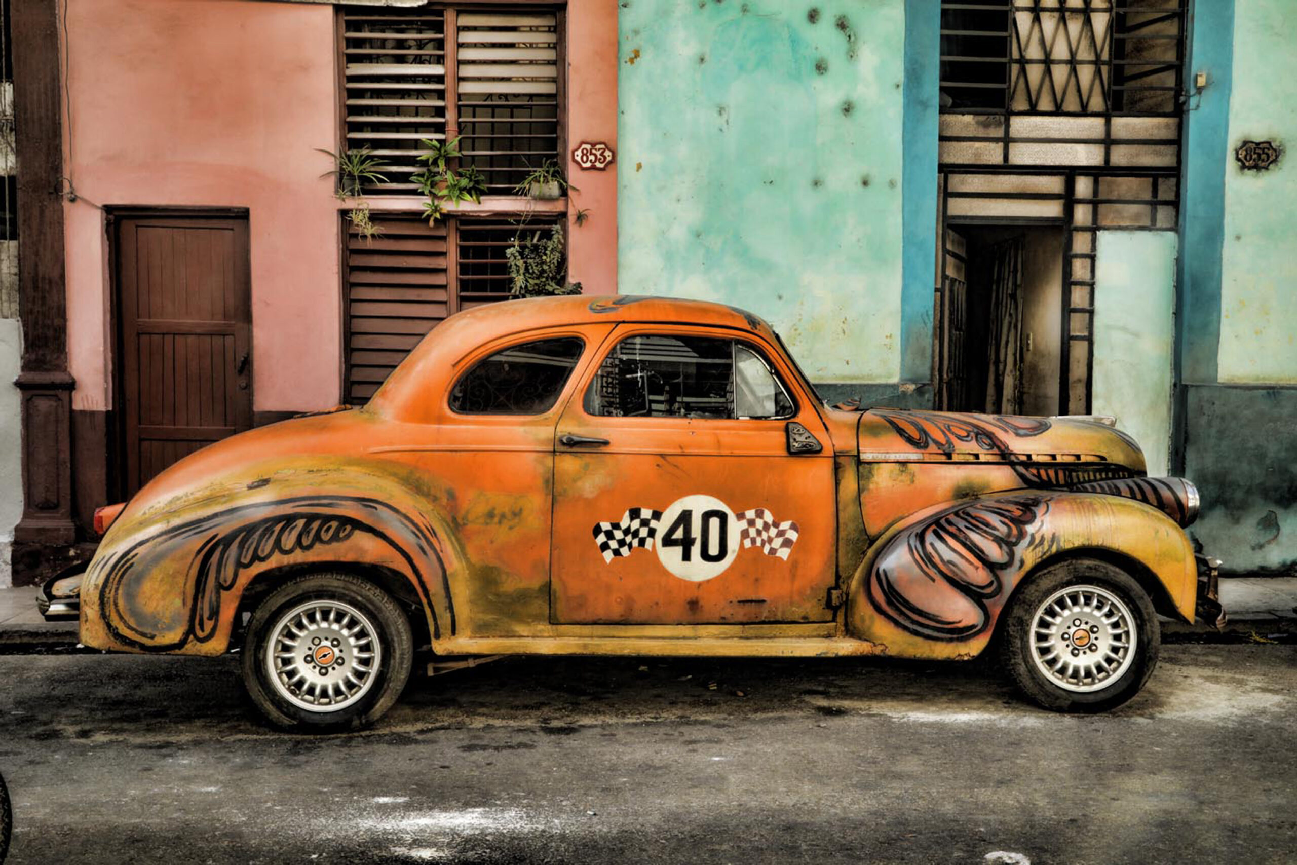 Cuba, classic car, photography workshop, pastel colors, orange antique car, fisheye connect, atlanta photography workshop, vintage car