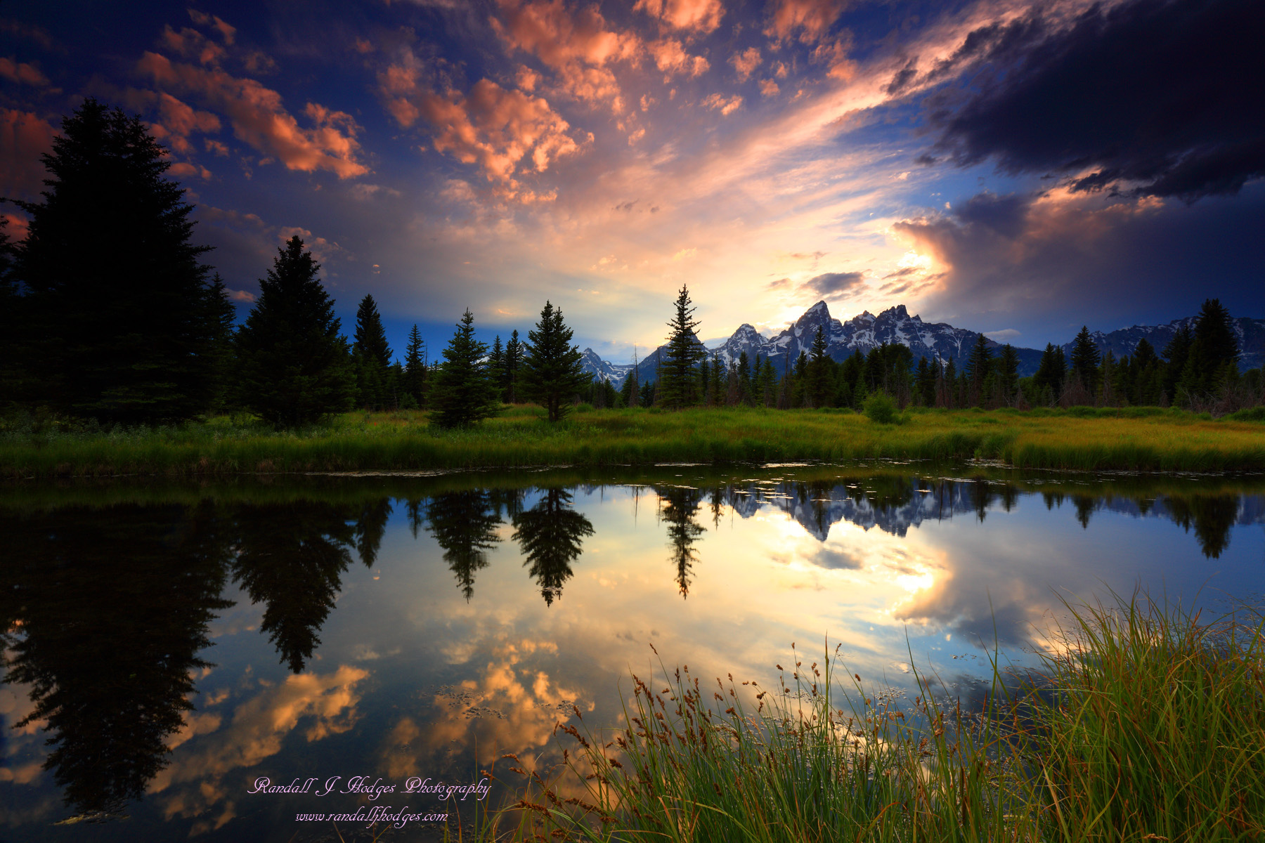 Randall Hodges, FisheyeConnect, Photography Workshops, Sunset with the Grand Tetons Reflected in Schwabachers Landing Beaver Ponds in Grand Teton National Park in Wyoming